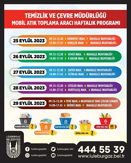 Mobil Atık Toplama Aracı haftalık programı