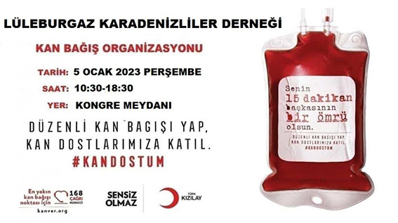 Karadenizliler Derneği, 5 Ocak’ta kan bağışı kampanyası düzenleyecek.